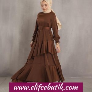 Saten kumaş fırfır katlı elbise
