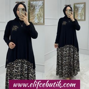 Leopar desenli huri etekli takım