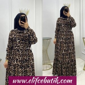 Beli lastikli kemerli leopar elbise