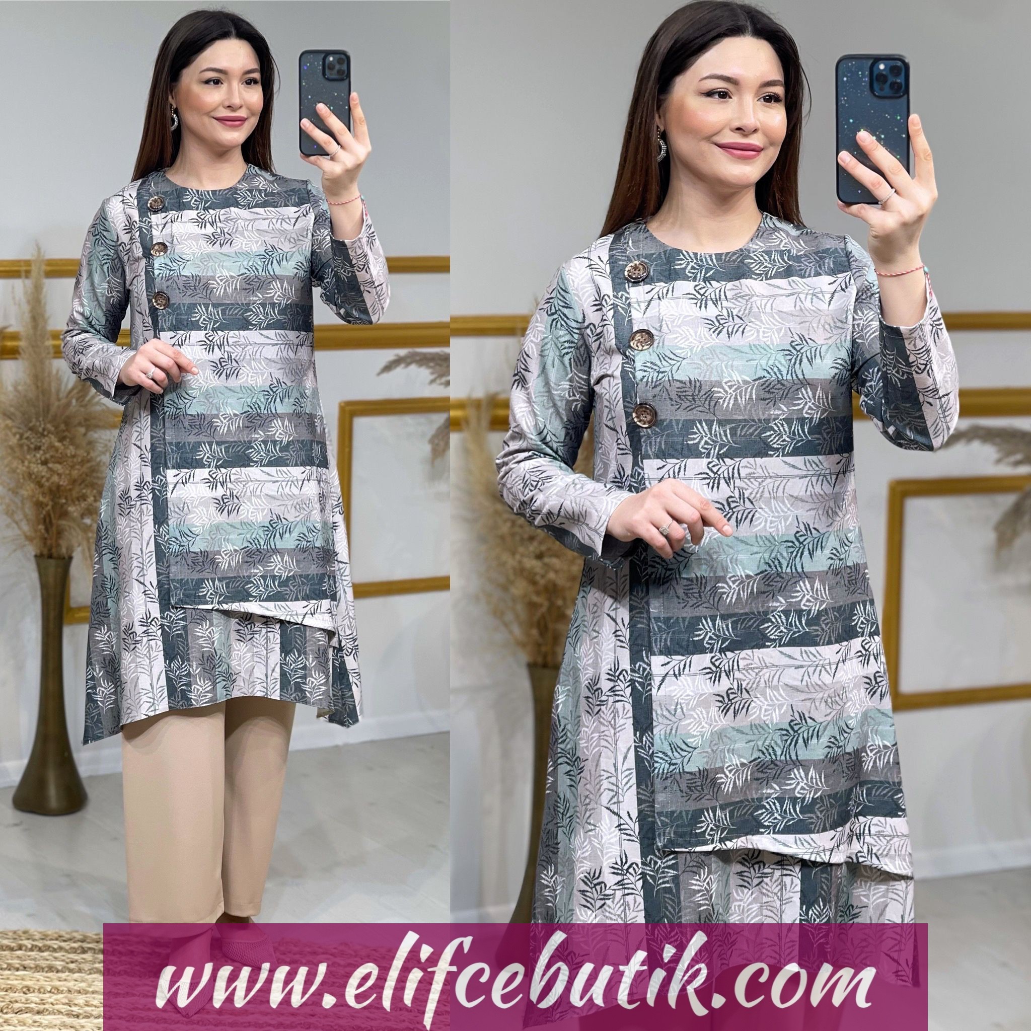 Krep kumaş tunik pantolon takım - Görsel 4