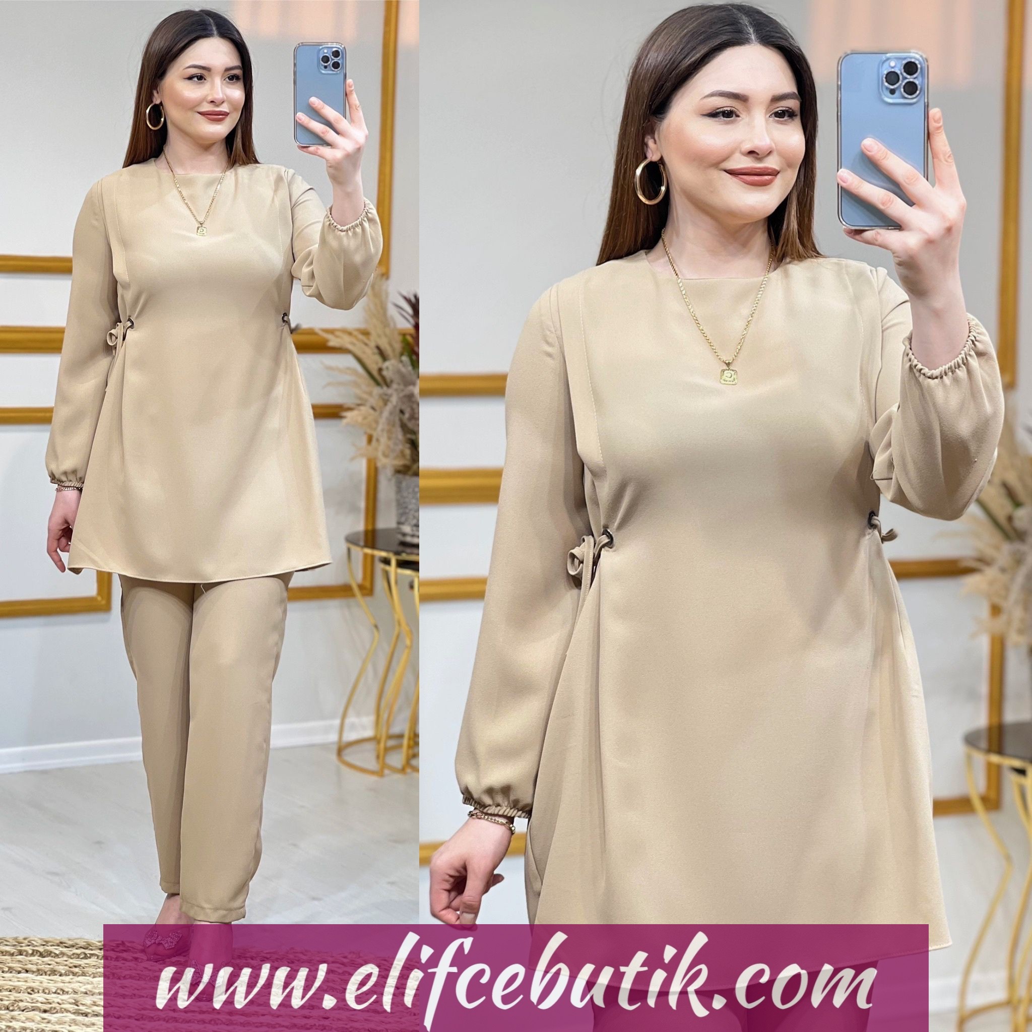 Kum krep kumaş Tunik pantolon - Görsel 3