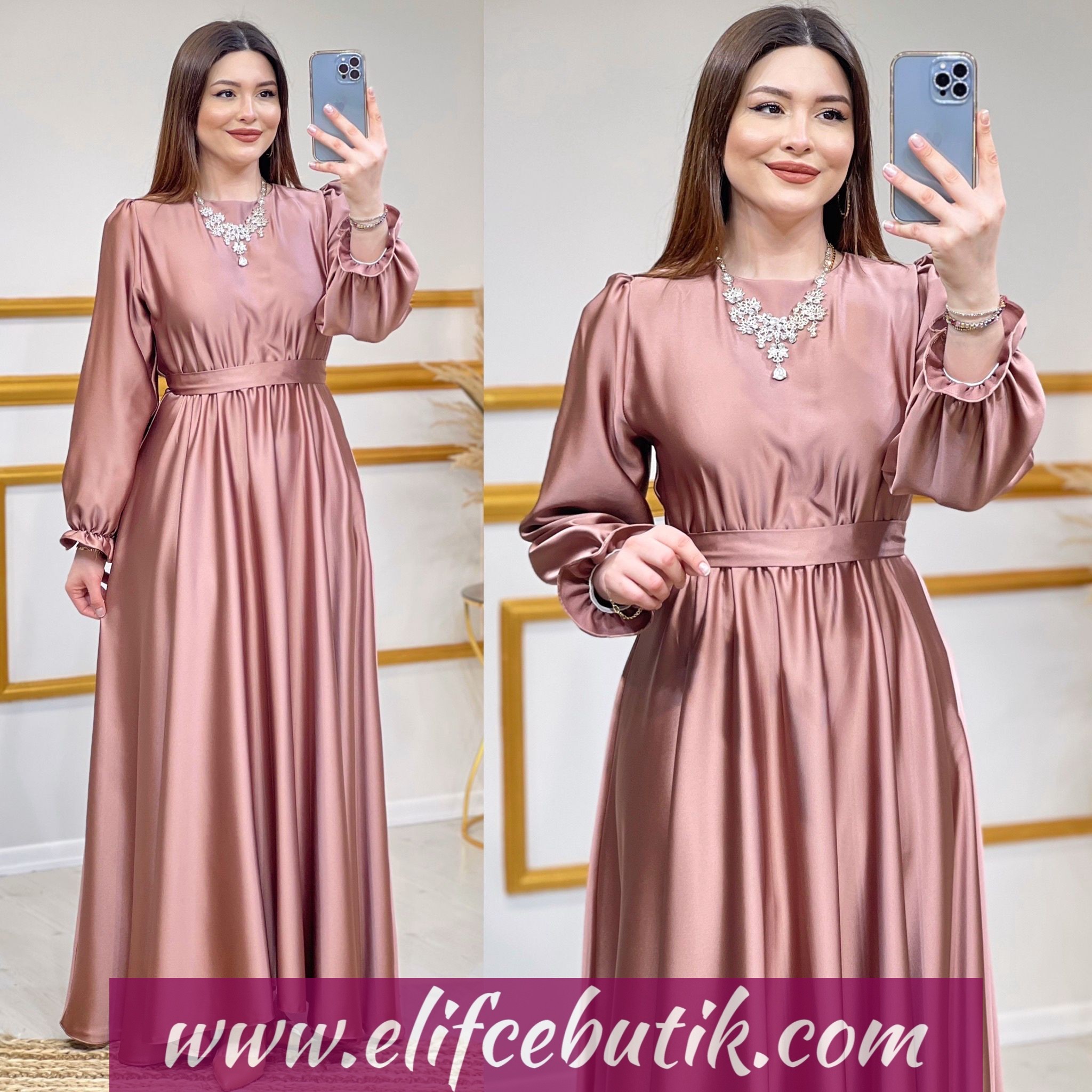 Saten kumaş kemerli elbise - Görsel 5