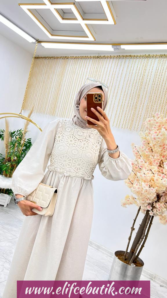 Keten kumaş dantel elbise - Görsel 4