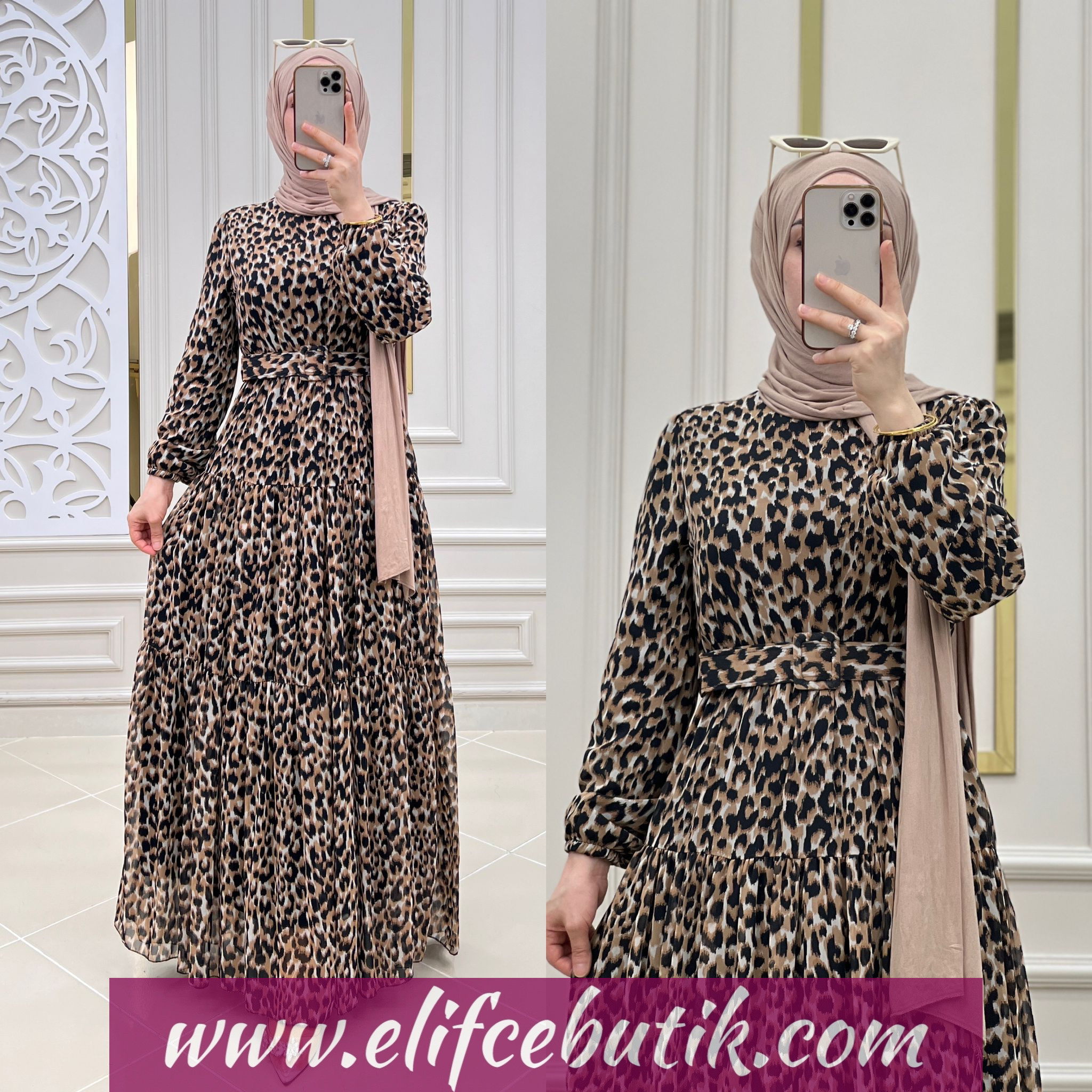 Şifon kumaş leopar elbise