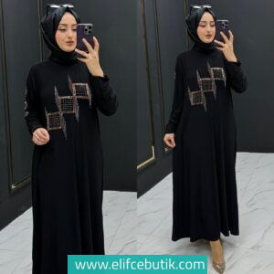 Sandy kumaş taş detaylı ukte elbise