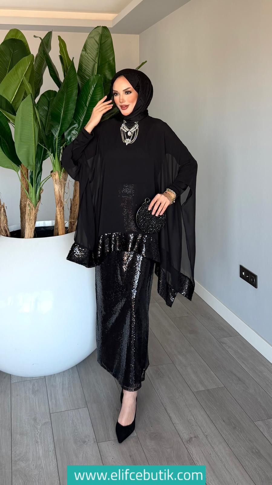 Üçlü Fatma Takım Payetli Şifon Detaylı - Görsel 3