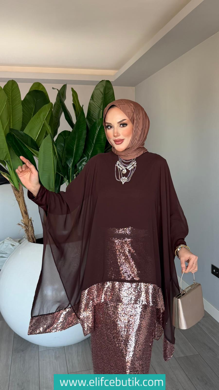 Üçlü Fatma Takım Payetli Şifon Detaylı - Görsel 6