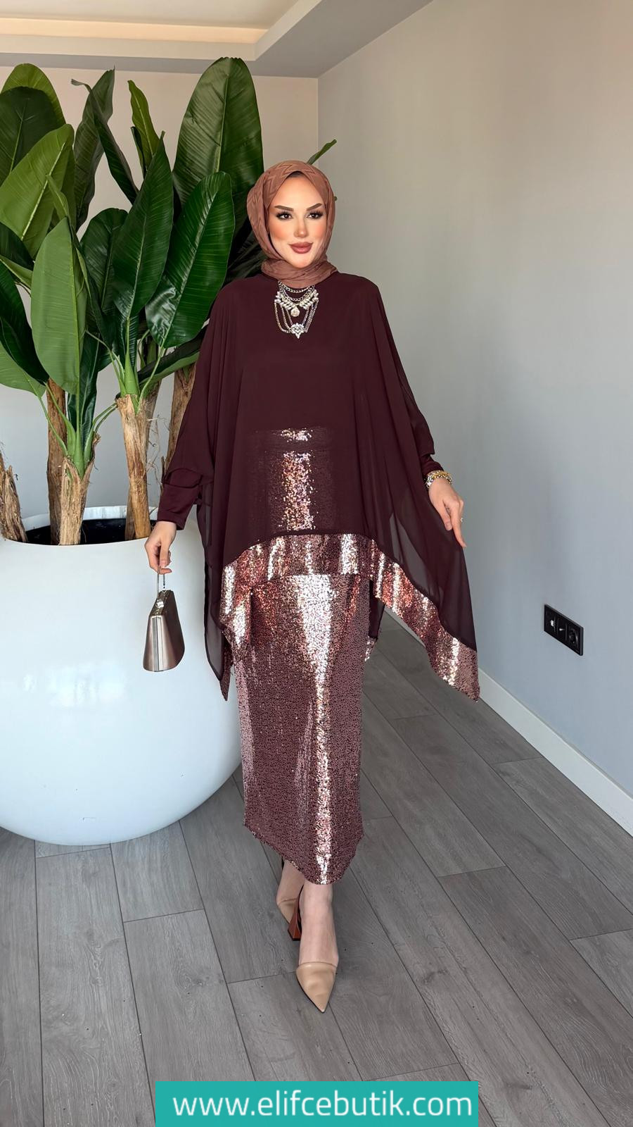 Üçlü Fatma Takım Payetli Şifon Detaylı - Görsel 5