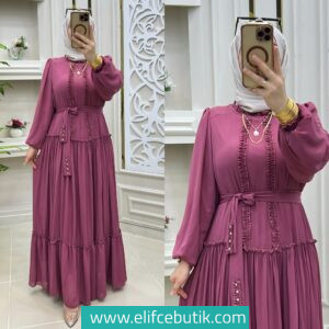 Kemerli Yoryo Şifon Tesettür Elbise