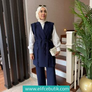 Püskül Detaylı Double Krep Yelek Pantolon Takım