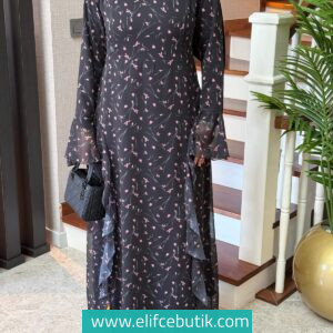 Fırfır Detaylı Desenli Şifon Elbise