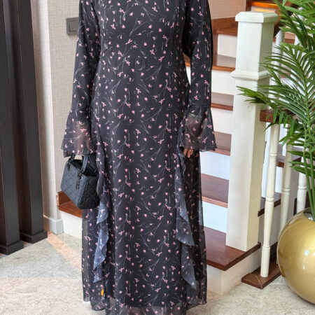 Fırfır Detaylı Desenli Şifon Elbise