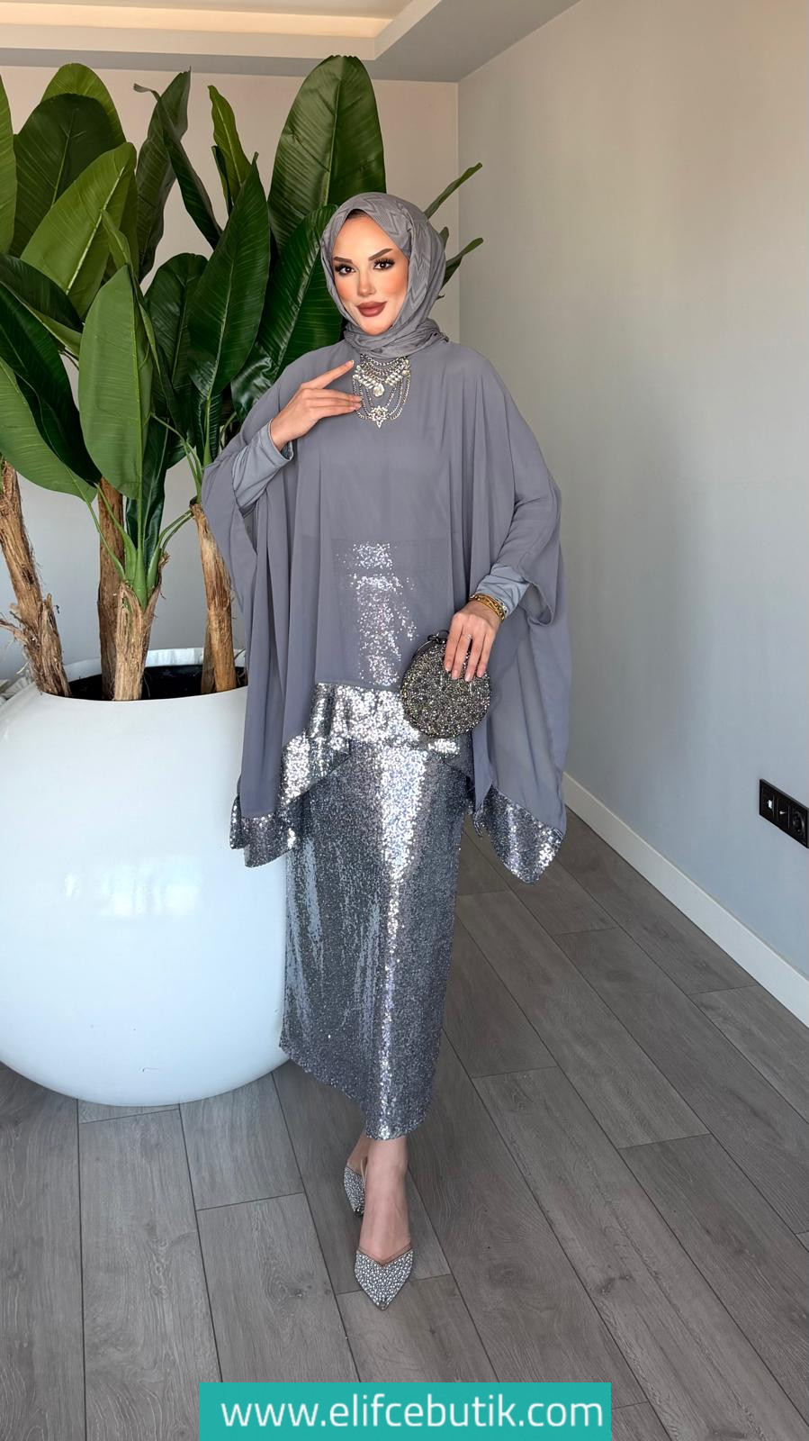 Üçlü Fatma Takım Payetli Şifon Detaylı