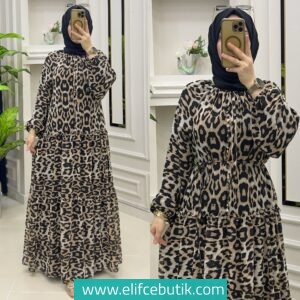 Leopar Desen Tesettür Şifon Elbise