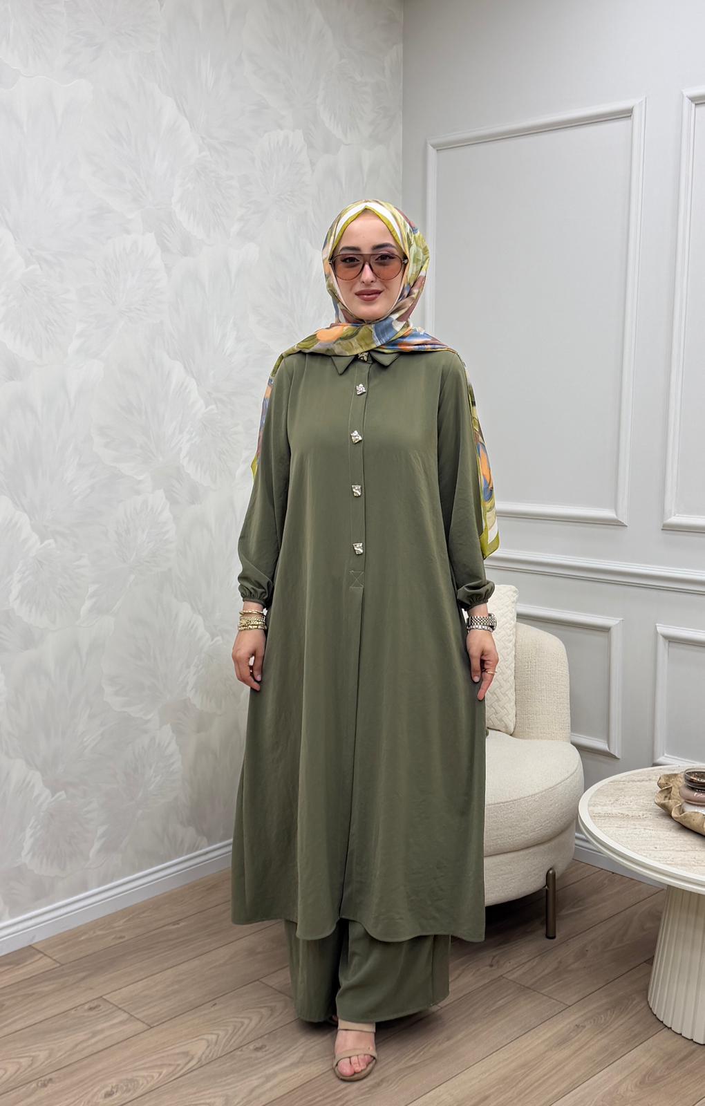 Helen Cupra Kumaş Pantolonlu Tesettür Takım - Görsel 2