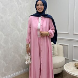 Asya Çilek Keten Tunik Pantolon Tesettür Takım