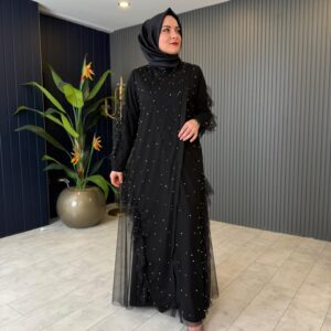 Sandy Tül Kumaş İnci Detaylı Büyük Beden Elbise